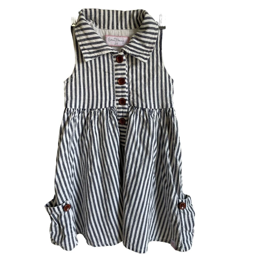 SWEET HONEY Toddler Girls 2T Striped Dress Pockets Cotton Linen Blue White